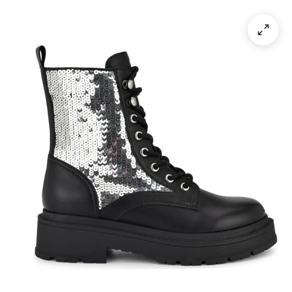 Nine West Black and Silver Sequin Combat Boots